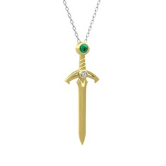 Kılıç Kolye - Yeşil kuvars ve beyaz zirkon 18 ayar altın kolye (40 cm gümüş rolo zincir) #q1e6n