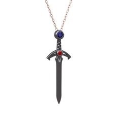 Kılıç Kolye - Lab safir ve garnet 925 ayar siyah rodyum kaplama gümüş kolye (40 cm rose altın rolo zincir) #qmeadv