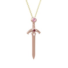 Pembe kuvars ve kök yakut 14 ayar rose altın kolye (40 cm altın rolo zincir)