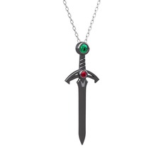 Kılıç Kolye - Yeşil kuvars ve rodolit garnet 925 ayar siyah rodyum kaplama gümüş kolye (40 cm beyaz altın rolo zincir) #r8mcal