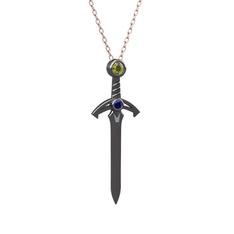 Kılıç Kolye - Peridot ve lab safir 925 ayar siyah rodyum kaplama gümüş kolye (40 cm rose altın rolo zincir) #raiv74