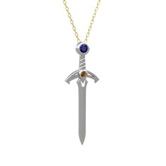 Kılıç Kolye - Lab safir ve dumanlı kuvars 14 ayar beyaz altın kolye (40 cm gümüş rolo zincir) #rb6uk2