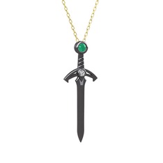 Kılıç Kolye - Kök zümrüt ve swarovski 925 ayar siyah rodyum kaplama gümüş kolye (40 cm altın rolo zincir) #rk83ue