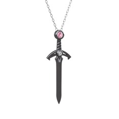 Kılıç Kolye - Pembe kuvars ve beyaz zirkon 925 ayar siyah rodyum kaplama gümüş kolye (40 cm gümüş rolo zincir) #rmp1qk