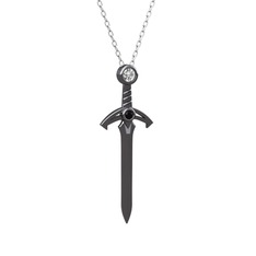 Kılıç Kolye - Beyaz zirkon ve siyah zirkon 925 ayar siyah rodyum kaplama gümüş kolye (40 cm gümüş rolo zincir) #rpmalp