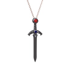 Kılıç Kolye - Garnet ve lab safir 925 ayar siyah rodyum kaplama gümüş kolye (40 cm rose altın rolo zincir) #rv101d