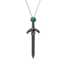 Kılıç Kolye - Yeşil kuvars ve siyah zirkon 925 ayar siyah rodyum kaplama gümüş kolye (40 cm beyaz altın rolo zincir) #s2iwu1