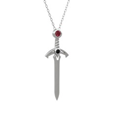 Kök yakut ve siyah zirkon 18 ayar beyaz altın kolye (40 cm gümüş rolo zincir)