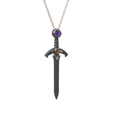 Kılıç Kolye - Ametist ve dumanlı kuvars 925 ayar siyah rodyum kaplama gümüş kolye (40 cm rose altın rolo zincir) #t4u2vf