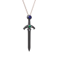 Kılıç Kolye - Lab safir ve yeşil kuvars 925 ayar siyah rodyum kaplama gümüş kolye (40 cm rose altın rolo zincir) #th4kau