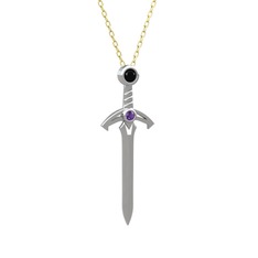 Siyah zirkon ve ametist 8 ayar beyaz altın kolye (40 cm gümüş rolo zincir)
