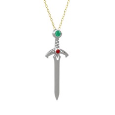 Kılıç Kolye - Kök zümrüt ve garnet 18 ayar beyaz altın kolye (40 cm altın rolo zincir) #vg99tp