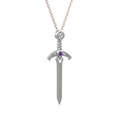 Kılıç Kolye - Swarovski ve ametist 14 ayar beyaz altın kolye (40 cm gümüş rolo zincir) #wkcel1