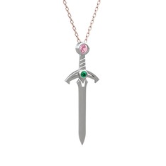 Kılıç Kolye - Pembe kuvars ve yeşil kuvars 18 ayar beyaz altın kolye (40 cm rose altın rolo zincir) #y9zul4