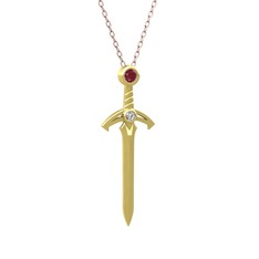Kılıç Kolye - Kök yakut ve beyaz zirkon 14 ayar altın kolye (40 cm rose altın rolo zincir) #ykmpir