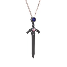 Kılıç Kolye - Lab safir ve pembe kuvars 925 ayar siyah rodyum kaplama gümüş kolye (40 cm gümüş rolo zincir) #zlszrd