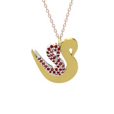 İkili Kuğu Kolye - Garnet 8 ayar beyaz altın kolye (40 cm rose altın rolo zincir) #1egtlam