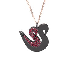 İkili Kuğu Kolye - Rodolit garnet 925 ayar siyah rodyum kaplama gümüş kolye (40 cm rose altın rolo zincir) #br7xe