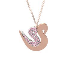 İkili Kuğu Kolye - Pembe kuvars 8 ayar beyaz altın kolye (40 cm rose altın rolo zincir) #gu538x