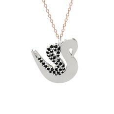 İkili Kuğu Kolye - Siyah zirkon 18 ayar beyaz altın kolye (40 cm rose altın rolo zincir) #l47c8p