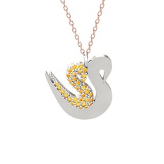 İkili Kuğu Kolye - Sitrin 18 ayar beyaz altın kolye (40 cm rose altın rolo zincir) #o21nt8