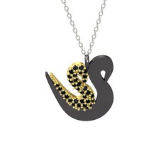 İkili Kuğu Kolye - Siyah zirkon 8 ayar altın kolye (40 cm beyaz altın rolo zincir) #p2awyh