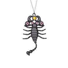 Mya Akrep Kolye - Sitrin ve pembe kuvars 925 ayar siyah rodyum kaplama gümüş kolye (40 cm beyaz altın rolo zincir) #12abjxw