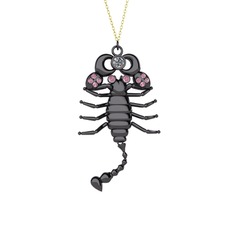 Swarovski ve pembe kuvars 925 ayar siyah rodyum kaplama gümüş kolye (40 cm altın rolo zincir)