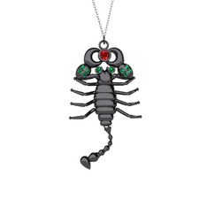 Mya Akrep Kolye - Garnet ve yeşil kuvars 925 ayar siyah rodyum kaplama gümüş kolye (40 cm beyaz altın rolo zincir) #1782v5d