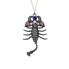 Mya Akrep Kolye - Lab safir ve pembe kuvars 925 ayar siyah rodyum kaplama gümüş kolye (40 cm rose altın rolo zincir) #1idx33g