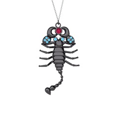 Mya Akrep Kolye - Rodolit garnet ve akuamarin 925 ayar siyah rodyum kaplama gümüş kolye (40 cm beyaz altın rolo zincir) #1lw90ad
