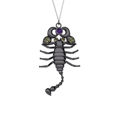 Ametist ve peridot 925 ayar siyah rodyum kaplama gümüş kolye (40 cm beyaz altın rolo zincir)