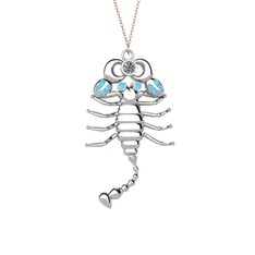 Swarovski ve akuamarin 14 ayar beyaz altın kolye (40 cm rose altın rolo zincir)