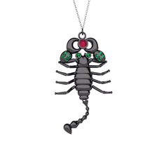 Rodolit garnet ve yeşil kuvars 925 ayar siyah rodyum kaplama gümüş kolye (40 cm beyaz altın rolo zincir)