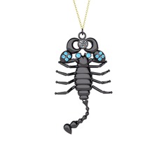 Pırlanta ve akuamarin 925 ayar siyah rodyum kaplama gümüş kolye (0.24 karat, 40 cm altın rolo zincir)