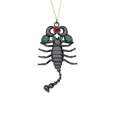 Garnet ve kök zümrüt 925 ayar siyah rodyum kaplama gümüş kolye (40 cm altın rolo zincir)