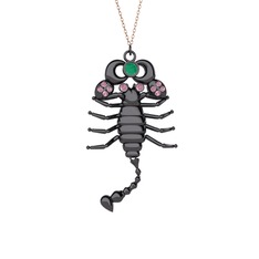 Mya Akrep Kolye - Kök zümrüt ve pembe kuvars 925 ayar siyah rodyum kaplama gümüş kolye (40 cm rose altın rolo zincir) #hhmfnn