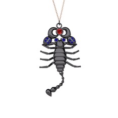 Garnet ve lab safir 925 ayar siyah rodyum kaplama gümüş kolye (40 cm rose altın rolo zincir)