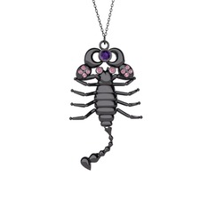 Mya Akrep Kolye - Ametist ve pembe kuvars 925 ayar siyah rodyum kaplama gümüş kolye (40 cm gümüş rolo zincir) #nbrqoy