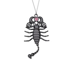 Mya Akrep Kolye - Pembe kuvars ve beyaz zirkon 925 ayar siyah rodyum kaplama gümüş kolye (40 cm beyaz altın rolo zincir) #pb7wuq