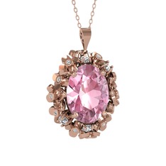 Pembe kuvars ve swarovski 14 ayar rose altın kolye (40 cm rose altın rolo zincir)