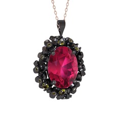 Belka Demet Kolye - Rodolit garnet ve peridot 925 ayar siyah rodyum kaplama gümüş kolye (40 cm rose altın rolo zincir) #11naem8