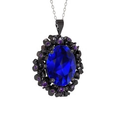 Belka Demet Kolye - Lab safir ve ametist 925 ayar siyah rodyum kaplama gümüş kolye (40 cm beyaz altın rolo zincir) #12x6g2t