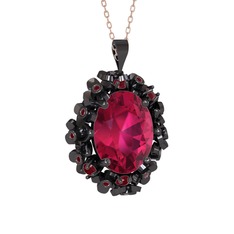 Belka Demet Kolye - Rodolit garnet ve kök yakut 925 ayar siyah rodyum kaplama gümüş kolye (40 cm rose altın rolo zincir) #132sjdo