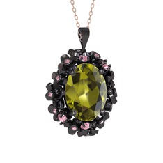 Belka Demet Kolye - Peridot ve pembe kuvars 925 ayar siyah rodyum kaplama gümüş kolye (40 cm rose altın rolo zincir) #13r6cgk