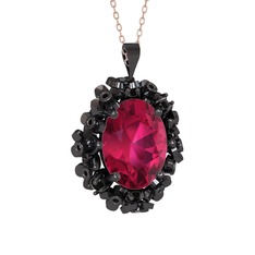 Belka Demet Kolye - Rodolit garnet ve siyah zirkon 925 ayar siyah rodyum kaplama gümüş kolye (40 cm rose altın rolo zincir) #14kyvzc