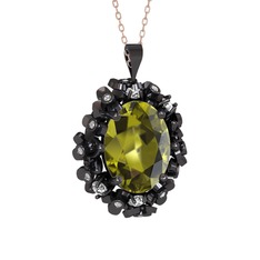 Belka Demet Kolye - Peridot ve pırlanta 925 ayar siyah rodyum kaplama gümüş kolye (0.18 karat, 40 cm gümüş rolo zincir) #14pfosd