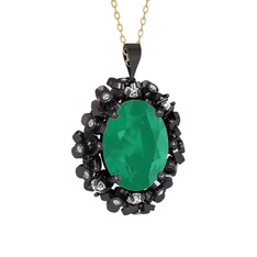 Belka Demet Kolye - Kök zümrüt ve beyaz zirkon 925 ayar siyah rodyum kaplama gümüş kolye (40 cm gümüş rolo zincir) #15npnkz
