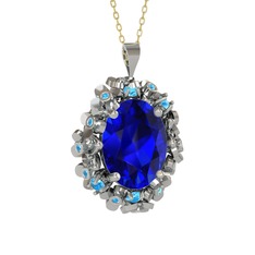 Lab safir ve akuamarin 18 ayar beyaz altın kolye (40 cm altın rolo zincir)