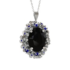 Belka Demet Kolye - Siyah zirkon ve lab safir 925 ayar gümüş kolye (40 cm beyaz altın rolo zincir) #15x8r2c